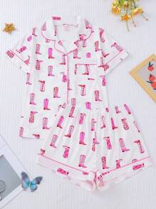 Marira 2pcs Women Boot Print Pajama Set, Short Sleeve Button-Up Shirt Collar Top And Elastic Waist Shorts, Casual Loungewear Sleepwear For Holiday Party, Home & Outdoor Use All Season - White - View 1