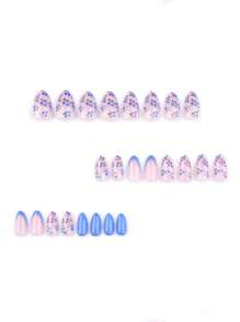 24pcs French Almond Press Nails, Spring Purple Flower Design Fully Covered Fake Nails, Reusable, Enhance Your Elegant Suitable For Female Girls Daily/Spring Outing/Date Use - Includes Nail File And Jelly Glue