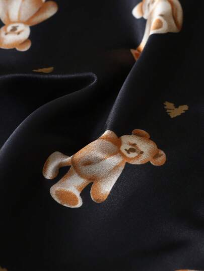 Bear Print Women Poplin Short Sleeve Shorts Pajama Set view 7