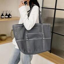 Bolsa de playa de lona de gran capacidad, versátil para ir al trabajo, bolsa de hombro de compras, ligera, bolsa de malla semitransparente hueca - Gris - Ver 4