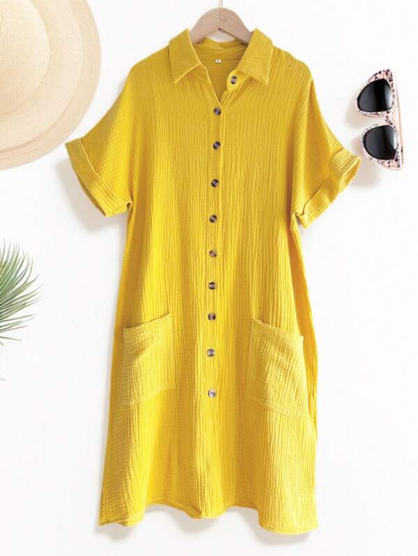 2025 Letnia prosta sukienka z dekoltem w serek i krótkim rękawem, modna, wygodna, damska krótka sukienka