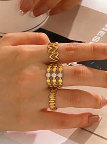 3pcs/Set Stainless Steel 18K Gold Plated Minimalist Geometric Heart Open Ring, Suitable For Women Everyday Wearing - Multicolor - View 1