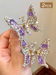 2 Pcs Young Girl Pink Fully Bling Rhinestone Animated Butterfly Hair Clips, Suitable As Birthday Gift For Girlfriend - Purple - View 4