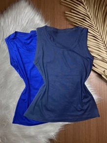 Kit With 2 Women's Tank Tops In Plain Vicolycra Mesh, Closed, Thick Straps On - 藍色色調 - 查看 1