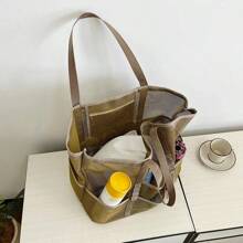 Bolsa de playa de lona de gran capacidad, versátil para ir al trabajo, bolsa de hombro de compras, ligera, bolsa de malla semitransparente hueca - Gris - Ver 6
