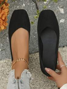 Export Size 35-43 Fashionable Square Toe Women Flat Shoes, Lightweight & Comfortable Black Suede Casual Outdoor Flat Shoes For Women, Spring/Summer - Black - View 5