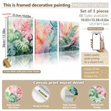 3 pièces/set, Peinture décorative encadrée suspendue sur canevas, affiche, art mural, ensemble d'art sur canevas aquarelle de feuilles tropicales, impressions vibrantes de Monstera et de palmiers, décoration murale de style bohème pour salon, chambre à coucher, bureau à domicile - Style moderne/classique, utilisation intérieure/extérieure, décoration de pièce