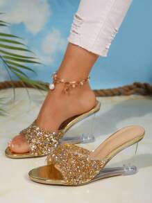 Luxurious Crystal Transparent Heel Sandals, Party Essential High Heels, Sparkly Crystal Design Shines In Summer, Pairs Perfectly With Dresses For Photo Shoots, Elegant Wedge Heeled Sandals For Formal Events