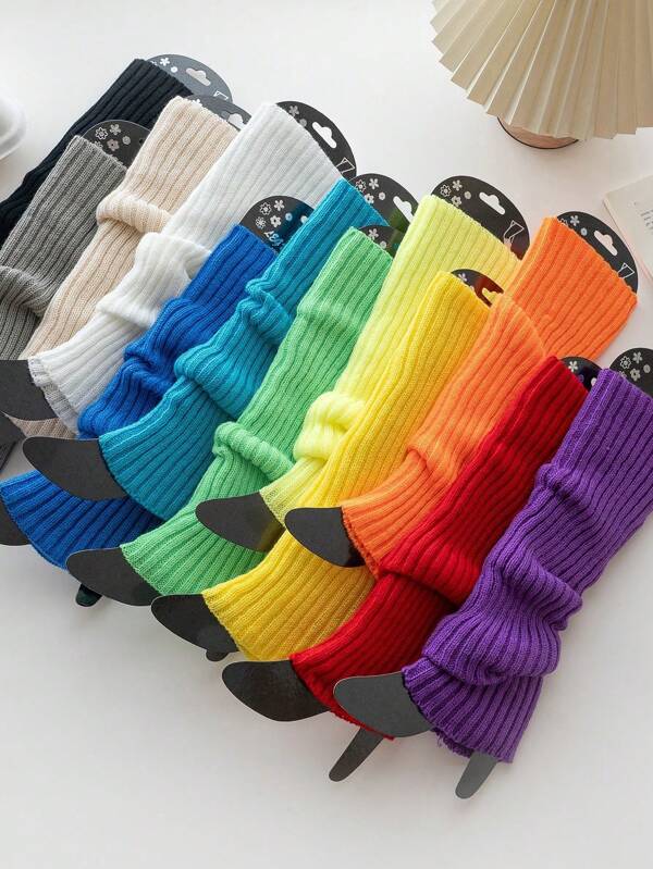 1 Pair Neon Striped Leg Warmers, Knitted Thick High Leg Warmers, Mid-Calf Leg Warmers For Autumn/Winter