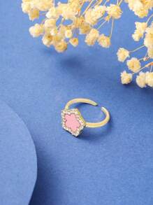 1pc Simple 5-Petal Cubic Zirconia Women's Open Ring, Fashion Versatile Gift For Date, Birthday, Everyday Wear - Pink - View 2