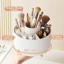 1 pièce Boîte de rangement pour maquillage rotative à 360 degrés - 1 boîte de rangement pour cosmétiques en plastique avec 5 compartiments - Boîte de rangement multifonction pour pinceaux, rouge à lèvres, soins de la peau et articles de papeterie - Organisateur de bureau de luxe rayé sans odeur Décor de salle de bain d'été Organisateur de maquillage Retour à l'école