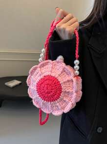 [Finished Product] Double-Sided Sunflower Small Purse, Crocheted & Handwoven Handmade Cute Crossbody Knitted Pouch Keychain Coin Purse, Perfectly Matching With Crochet Set - Pink - View 7