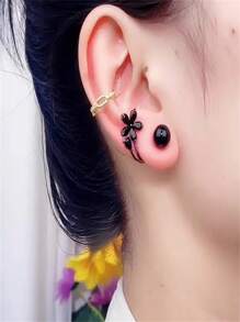 1 Pair Black Flower & Faux Pearl Earrings, Korean Style Stud Earrings, Unique High-End Niche Earrings For Autumn/Winter