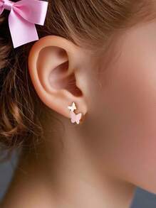 Artepollo 1 Pair 925 Sterling Silver Low-Allergy Pink Butterfly Children Earrings, Delicate & Adorable, Gift Box Packaging. Birthday Gift For Young Girls & Friends