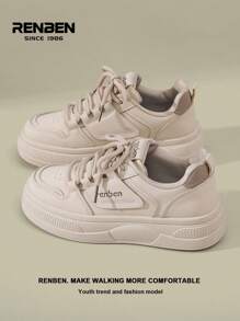 RENBEN Women's Thick Sole White Sneakers, Spring 2025 New Fashion Casual Beige Shoes, Versatile & Popular Small Niche Student White Canvas Shoes - Khaki - View 6
