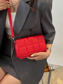 Simple Fashionable Small Square Shoulder Bag, Urban Flap Cover Crossbody, Versatile Checkered Purse - Red - View 2