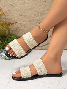 Plus Size Women Flat Slippers, Simple & Elegant Soft Bottom Comfortable Elastic Straps With Metallic Thread Detail - Khaki - View 3