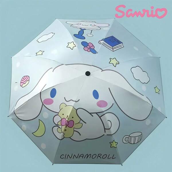 Sanrio Cartoon Kulomi Black Vinyl Umbrella, 2-In-1 Portable & Foldable Umbrella, Sunshade & Rainproof, UV Protection, Hello Kitty Design