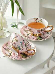 1 Set Of 6 Cups, 6 Plates, 6 Spoons (With Magpie Bird Spoons, Gold Cup Holder) & 1 Cup, 1 Plate, 1 Spoon Ceramic Tea Set, Trimmed With Gold Edges, Featured With Elegant Auspicious Bird Design, Suitable For Coffee, Dessert Plates, Vintage Afternoon Tea, Creative Minimalist Afternoon Tea Cup