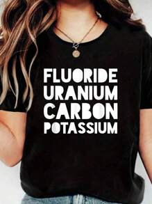 Camiseta de manga corta y cuello redondo de algodón con estampado de elementos químicos divertidos (Flúor, Uranio, Carbón, Potasio), para mujer, de moda y casual - Negro - Ver 1