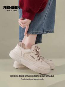 RENBEN Women's Thick Sole White Sneakers, Spring 2025 New Fashion Casual Beige Shoes, Versatile & Popular Small Niche Student White Canvas Shoes - Khaki - View 12