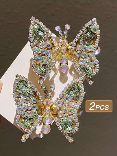 2pcs Rhinestone-Embellished Realistic Butterfly Hair Clips In Pink, Suitable For Birthday Gift For Girls/Friends
