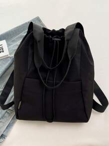 Casual Drawstring Backpack, Lightweight High Capacity Multi-Purpose Daypack, Simple Everyday Commute Tote Bag, School Backpack - Black - View 8