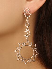 2pcs Women Geometric Hollow Asymmetrical Stud Earrings With Star & Moon Design - Star and Moon Earrings - View 3