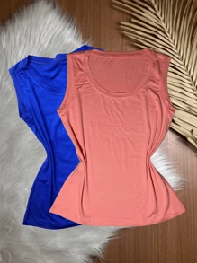 Kit With 2 Women's Tank Tops In Plain Vicolycra Mesh, Closed, Thick Straps On - 粉紅色 B. 和藍色 R. - 查看 2