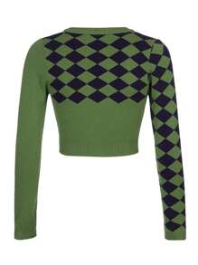 Womens Casual Long Sleeve Knitted Cardigan Fashion Contrast Color Rhombus Exposed Navel Knitwear