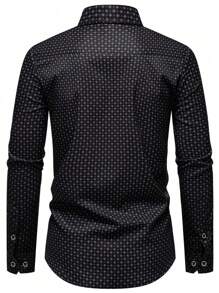 男士几何图案单排扣休闲正装衬衫，长袖，emo