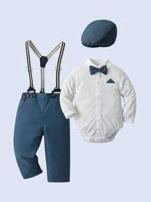 BOARNSEORL Outfit da gentiluomo per bambini maschi, include camicia a maniche lunghe con fiocco, pantaloni con bretelle e cappello, adatto per feste di compleanno, eventi formali, matrimoni, battesimi, occasioni festive
