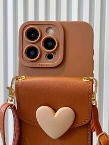 Valentines New Cute Crossbody Lanyard Necklace Strap Card Holder Silicone Phone Case Compatible With Iphone 16 15 14 11 12 13 Pro Max X XR 14 15 16 Plus 3D Heart Shockproof Bumper Cover Waterproof Anti-Fall Scratch Resistant - Brown - View 7