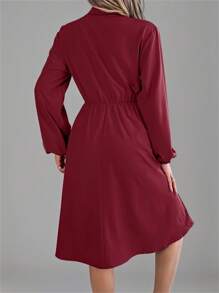 Autumn Lapel Collar Shirt Dress Tie-Waist With Mock Pockets Ruffle Trim Long Sleeve Solid Color Casual Elegance - 酒紅色 - 查看 2