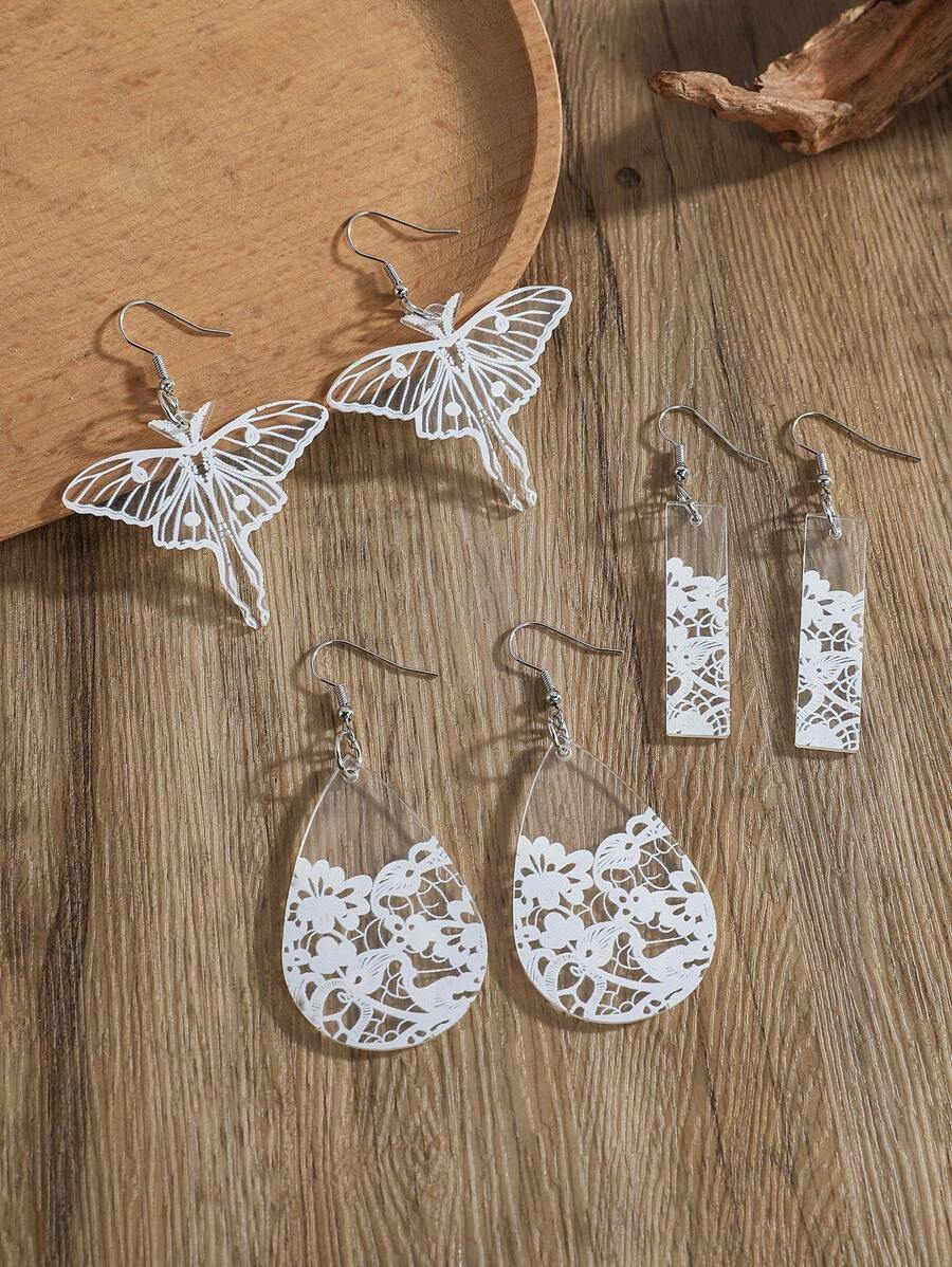 1 Pair Boho Style Transparent Acrylic Rectangular Water Drop Butterfly Print Fashionable Unique Earrings For Women - Various - View 1