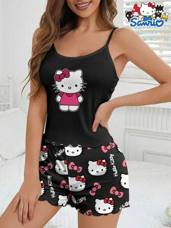  2 件套 Sanrio Hello Kitty 女士家居服细肩带短裤字母蝴蝶结印花舒适睡衣套装