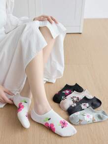 5pairs Flower Pattern Daily Wear Casual Women Ankle Socks, No Show Socks - Black and White - View 4