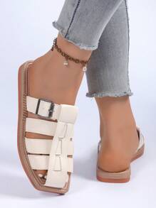 Women's Woven Crisscross Decorated Straw Bottom Sandals, Vacation Style Summer Beige Leather Flat Sandals