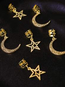 6pcs Star & Moon Pattern Hair Scrunchies Set, Gold Moon, Star Hair Accessories, Unique Dreadlocks Decor, Makeup & Party Festival Hair Ornaments, Ramadan, Claw Clips, Hair Slide, Hair Barrettes
