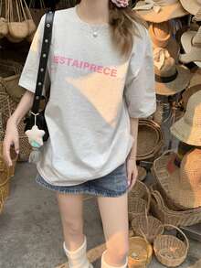 美式休闲风格字母印花宽松短袖T恤 - 灰色 - 查看 2