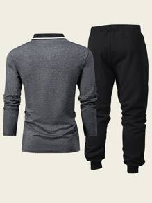 两件套男士长袖马匹印花 Polo 衫搭配黑色运动裤，休闲运动装，适合日常外出和秋季穿着。 - 彩色 - 查看 2