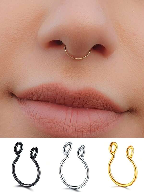 1 pezzo/2 pz/5 pz Finti anelli per il naso, chiusure per il naso, clip per il naso, anelli per il setto nasale per donne, senza bisogno di foratura, in acciaio inossidabile ipoallergenico, colore argento/oro/oro rosa/nero, 8 mm