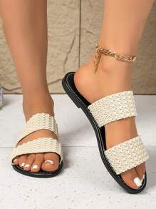 Plus Size Women Flat Slippers, Simple & Elegant Soft Bottom Comfortable Elastic Straps With Metallic Thread Detail - Khaki - View 2