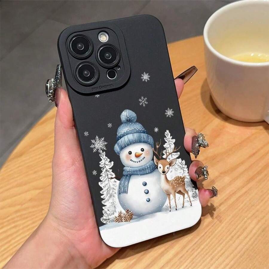 Cartoon Snowman & Reindeer Pattern Phone Case, Cute Phone Protective Cover, Phone Accessory Compatible With 11 12 13 14 15 Pro Max Gift For Birthday, Mother, Family, Friends, Boyfriend, Girlfriend - Black - View 1