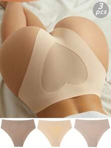 3 件装浅色无缝冰丝心形设计女士内裤，性感心形冰丝内裤，腰部修身隐形三角内裤