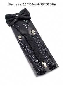 2 件亮片吊带和蝴蝶结套装，男女通用青少年款，纯色，Y 型背带和蝴蝶结套装