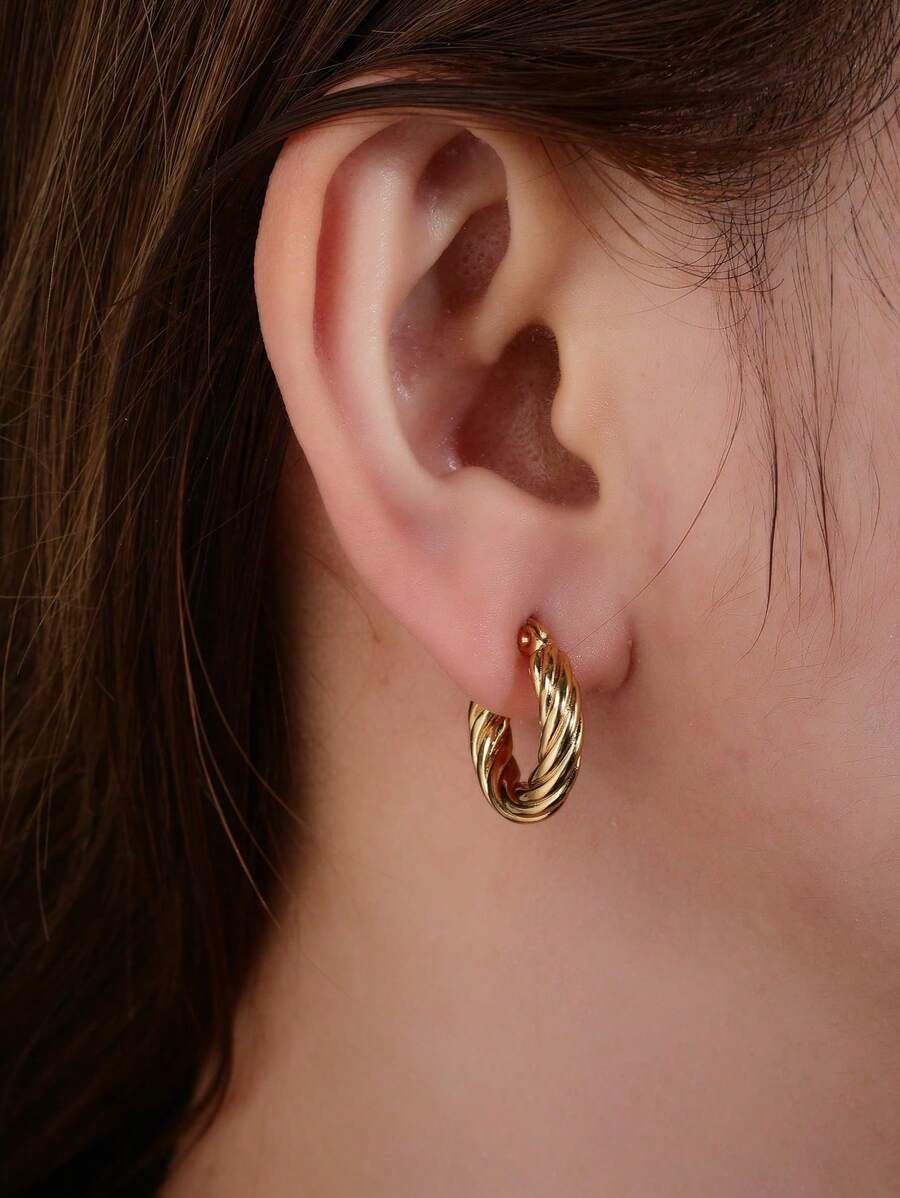 A Pair Of Stylish Round Twisted Wire Stainless Steel Ear Loops Are Suitable For Women's Daily Wear - Yellow Gold - View 1