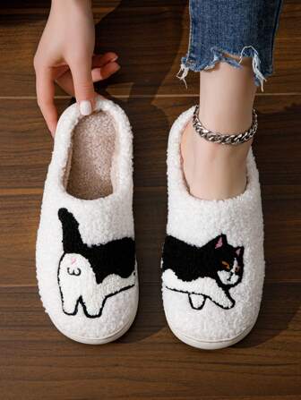 Pantoufles d'intérieur en mélange de laine chaude avec motif vache et chat brodé, semelle épaisse confortable antidérapante. Cadeau idéal pour les propriétaires d'animaux de compagnie, unisexe