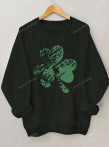 Women's Lucky Clover Pattern Printed Green Casual Sportswear, Full Of Spring And Autumn Vitality, Showcasing Youthful Style Round Neck Sportswear Long Sleeve Hoodie, St. Patrick's Day Costume, Suitable For Daily Wearing Pattern Casual Women's Wear