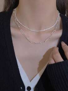 Nooxian 2pcs Glittering Metallic Women Necklace Set (Random Quantity Of Chain Rings) - Silver - View 2